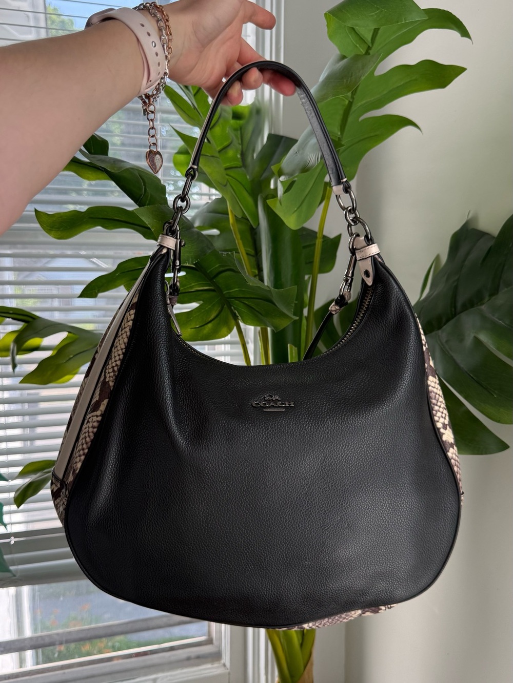 Coach Black Pebbled Leather Hobo Bag with Snakeskin Trim